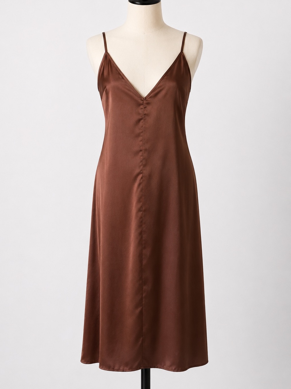 HM Chocolate Brown Satin V-Neck Slip Midi Dress Minimalist Cocktail Dress 90s Sm